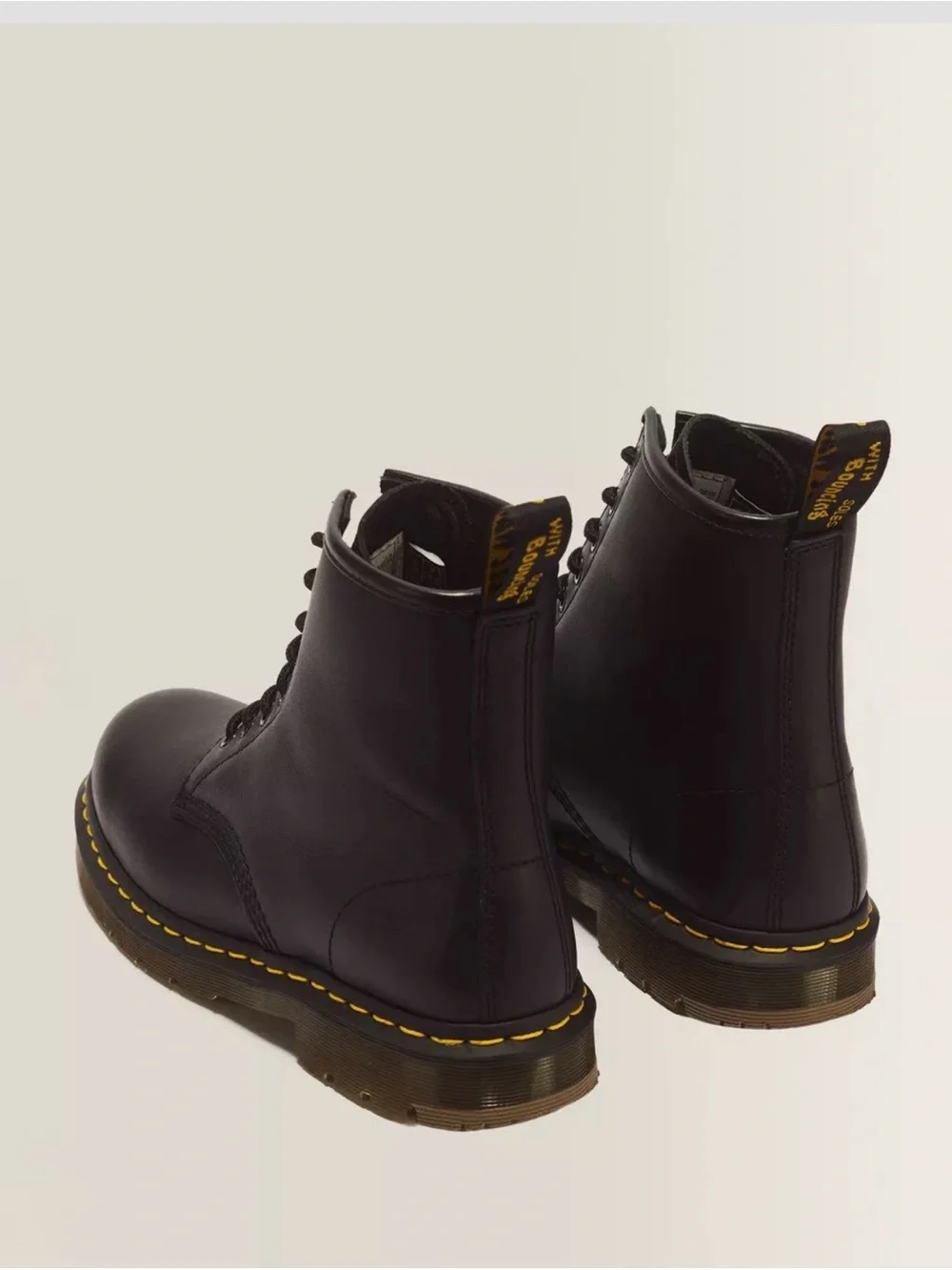 Dr. Martens Black Leather Lace-Up Combat Boots with Yellow Stitching